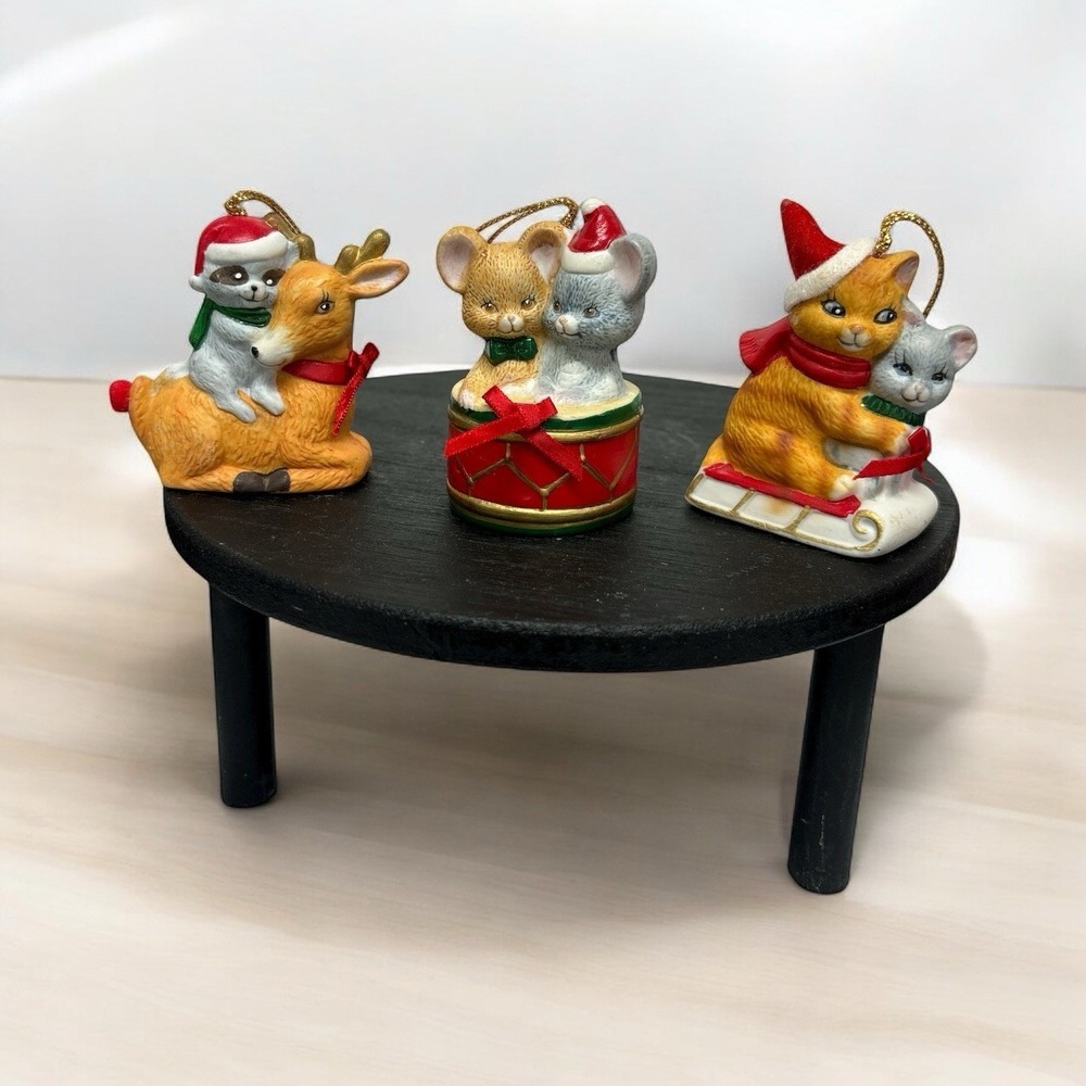 Vintage J.S.N.Y. Sri Lanka Animal Bell Ornaments Lot of 3 Ceramic Figurines Cat+